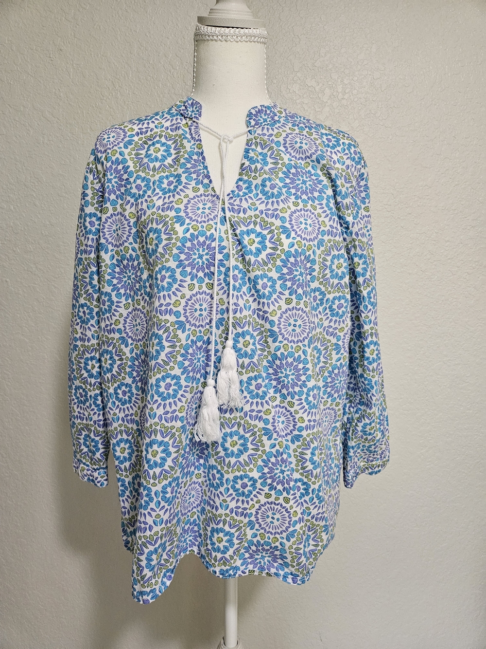 fresh produce Blue, White & Green Floral Tassel Tunic